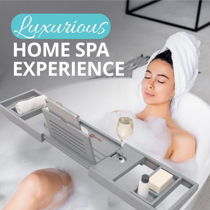 Homiu Bamboo Bath Tray – Extendable Caddy with Wine, Book & Phone Holder