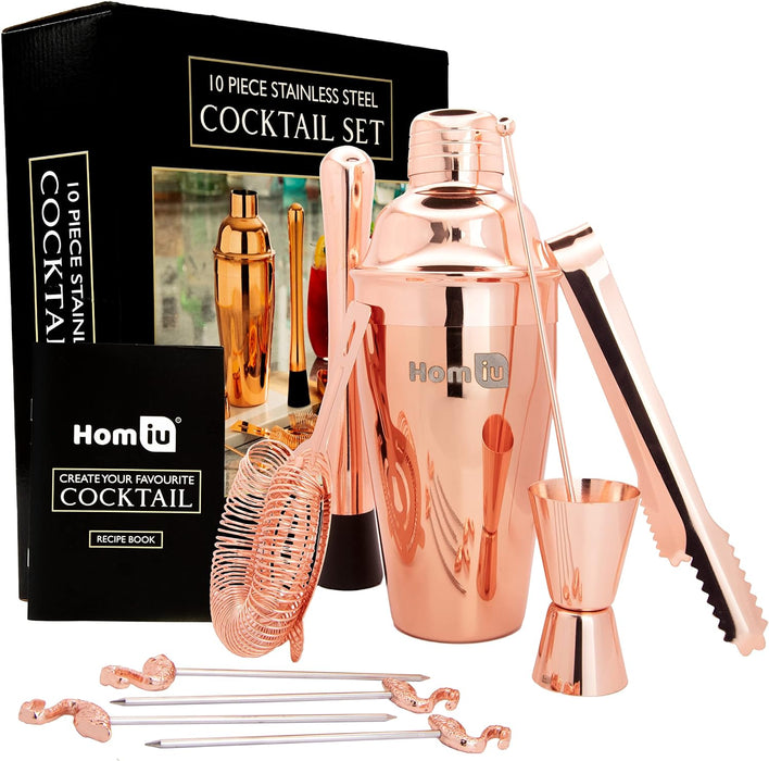 Homiu Copper Cocktail Making 10 Pack, Rose Gold, Boston Shaker, Stainless, Mixer Set
