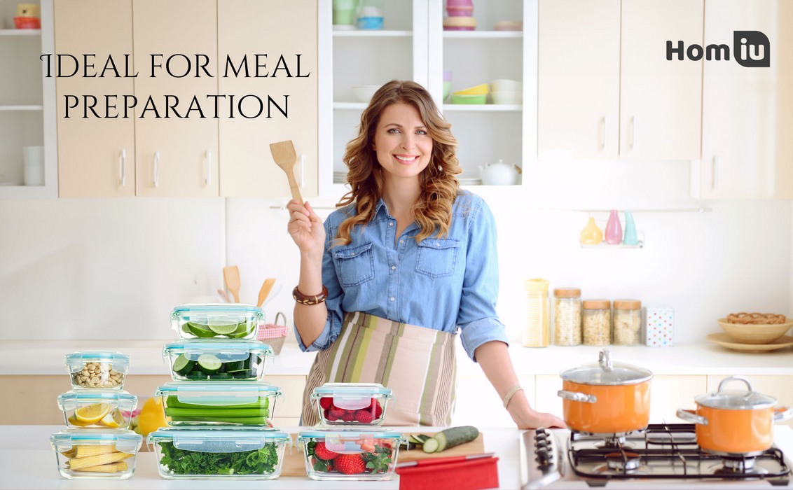 Homiu 9Pcs Glass Storage Food Containers With Lids Airtight Kitchen Meal Prep Containers