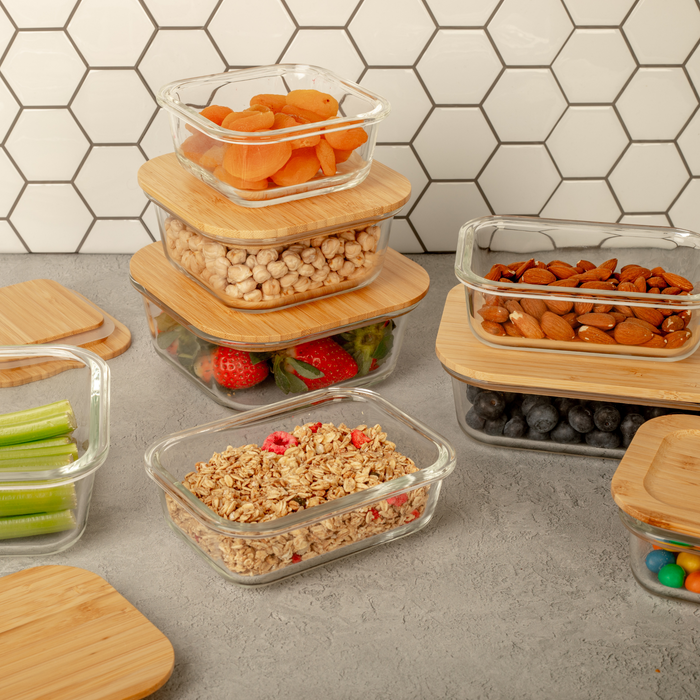 Homiu Glass Food/Storage Container with Bamboo Lids Airtight Leakproof Rectangle