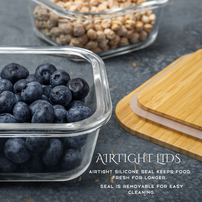 Homiu 3-Piece Rectangle Glass Containers with Bamboo Lids Airtight Leakproof