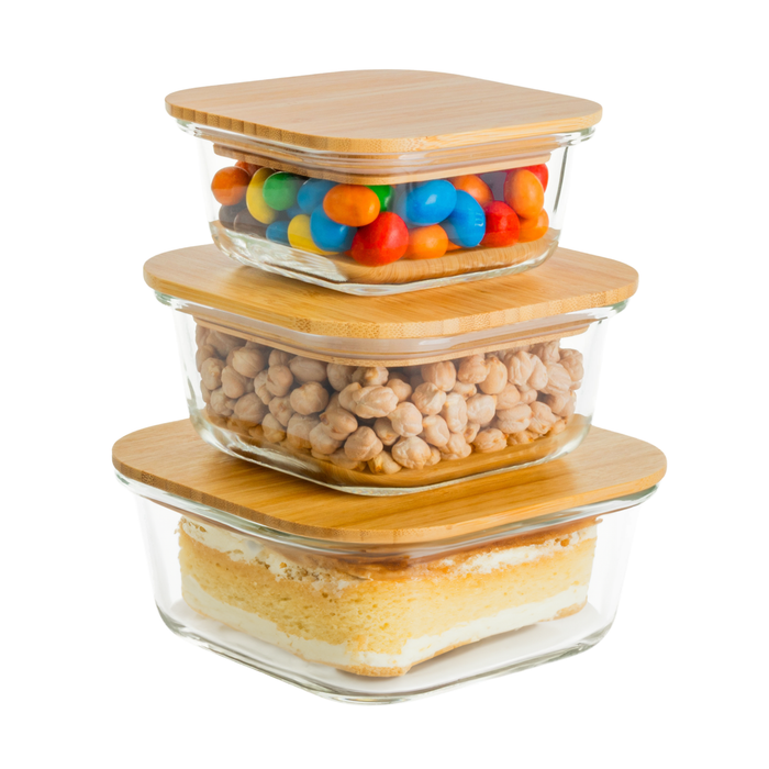 Homiu 3-Piece Square Glass Food Containers with Bamboo Lids Airtight Leakproof