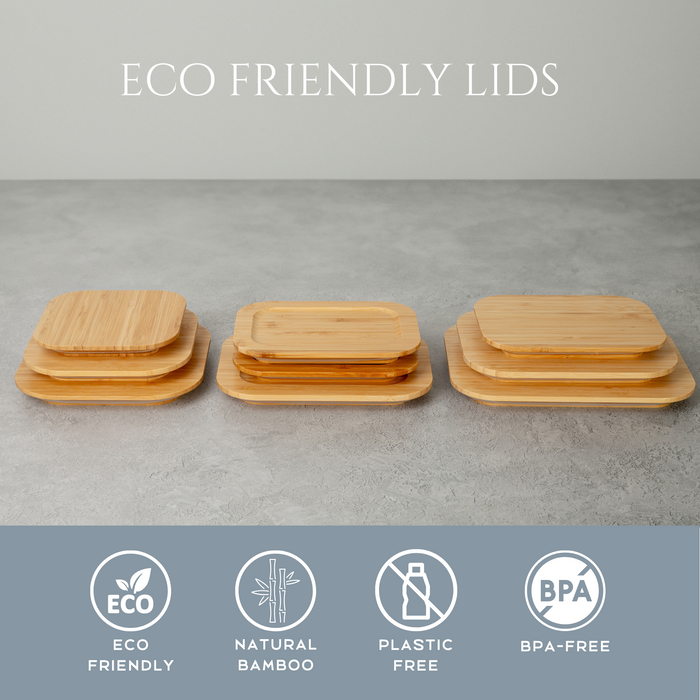 Homiu 3-Piece Square Glass Food Containers with Bamboo Lids Airtight Leakproof