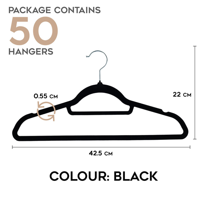 Homiu Velvet Clothes Hangers – 50 Pack, Non-Slip, Space-Saving Black