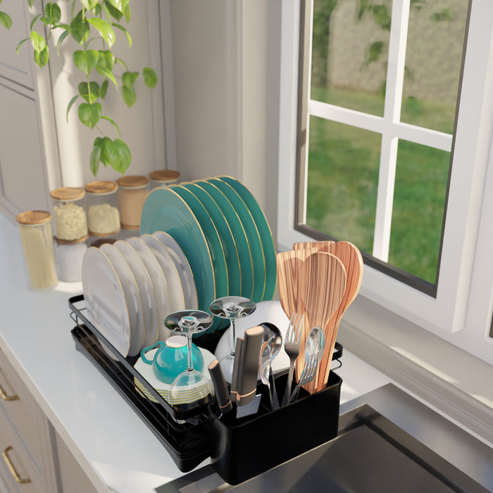 Homiu Single Dish Drainer Rack with 360° Swivel Drainage Spout – Black