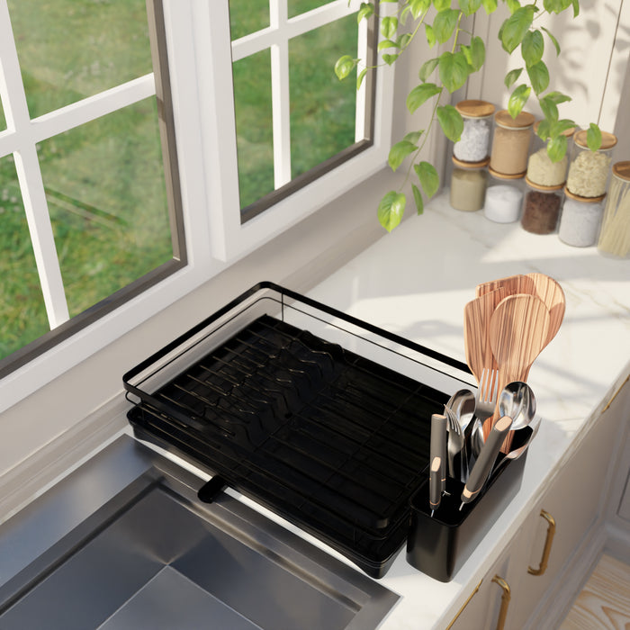 Homiu Single Dish Drainer Rack with 360° Swivel Drainage Spout – Black