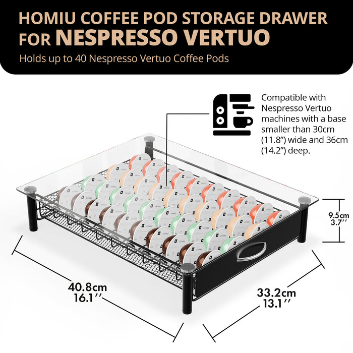 Homiu Nespresso Vertuo Coffee Pod Holder – 40 Pod Storage Drawer & Machine Stand