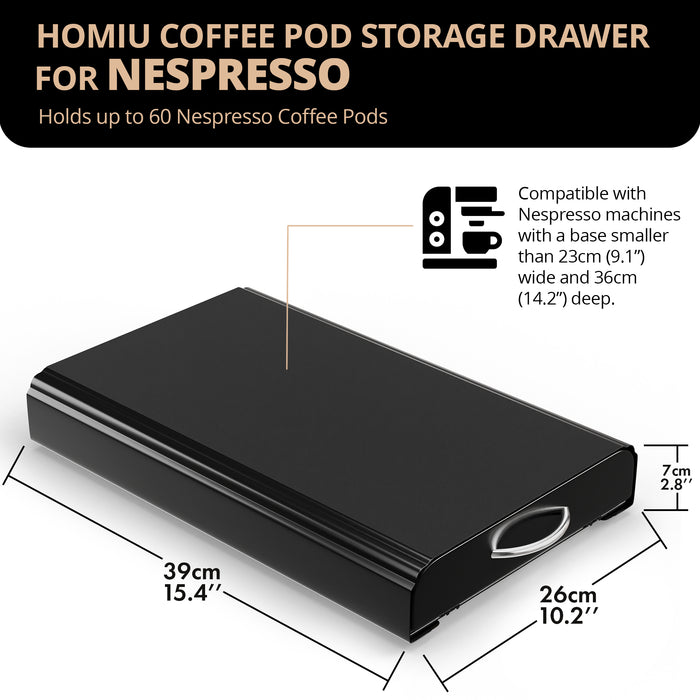 Homiu Nespresso Coffee Pod Holder – 60 Pod Storage Drawer & Machine Stand