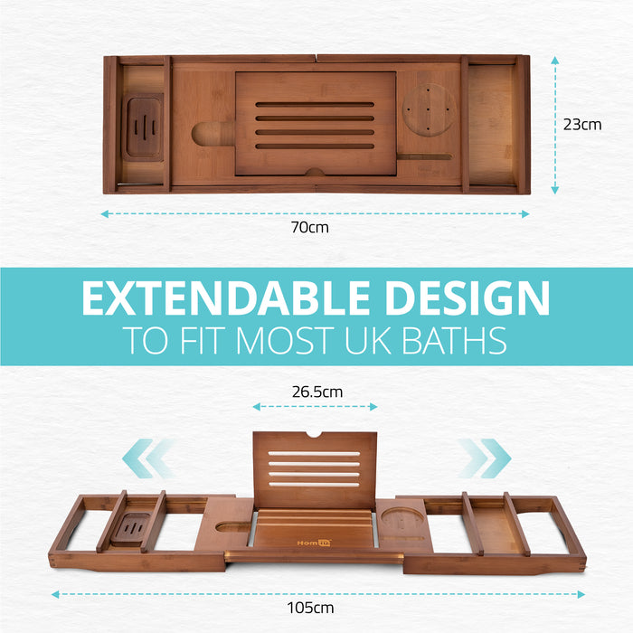 Homiu Bamboo Bath Tray – Extendable Caddy with Wine, Book & Tablet Holder (Brown)