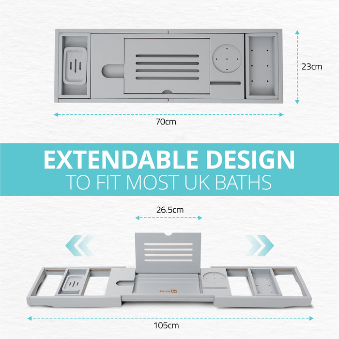 Homiu Bamboo Bath Tray – Extendable Caddy with Wine, Book & Phone Holder