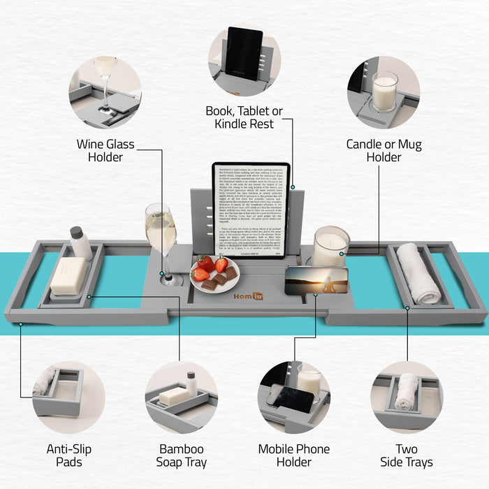 Homiu Bamboo Bath Tray – Extendable Caddy with Wine, Book & Phone Holder