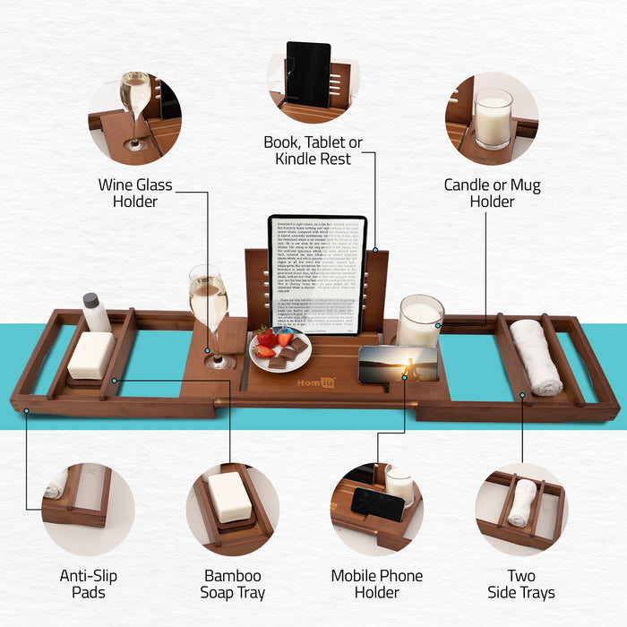 Homiu Bamboo Bath Tray – Extendable Caddy with Wine, Book & Tablet Holder (Brown)