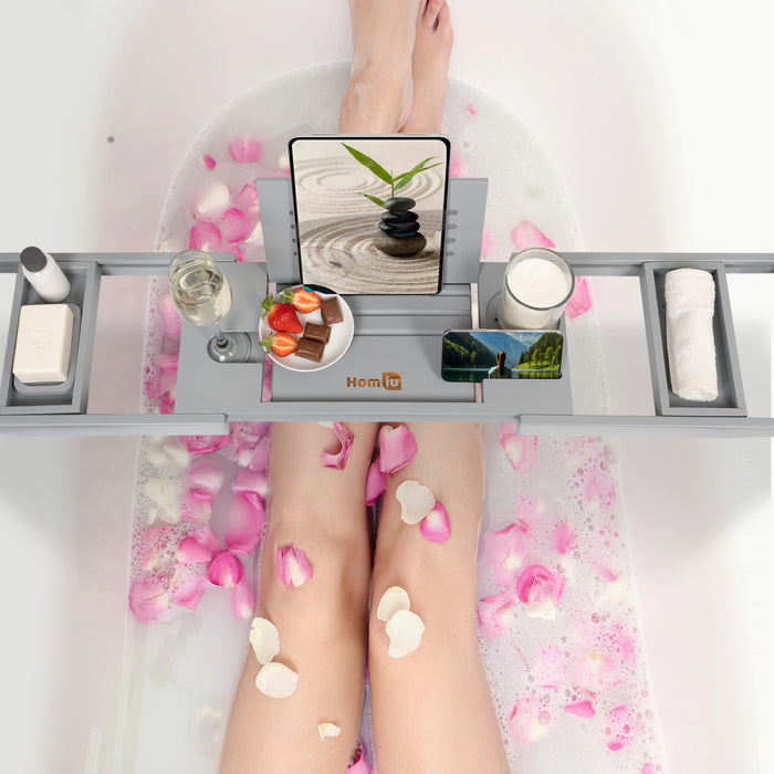 Homiu Bamboo Bath Tray – Extendable Caddy with Wine, Book & Phone Holder