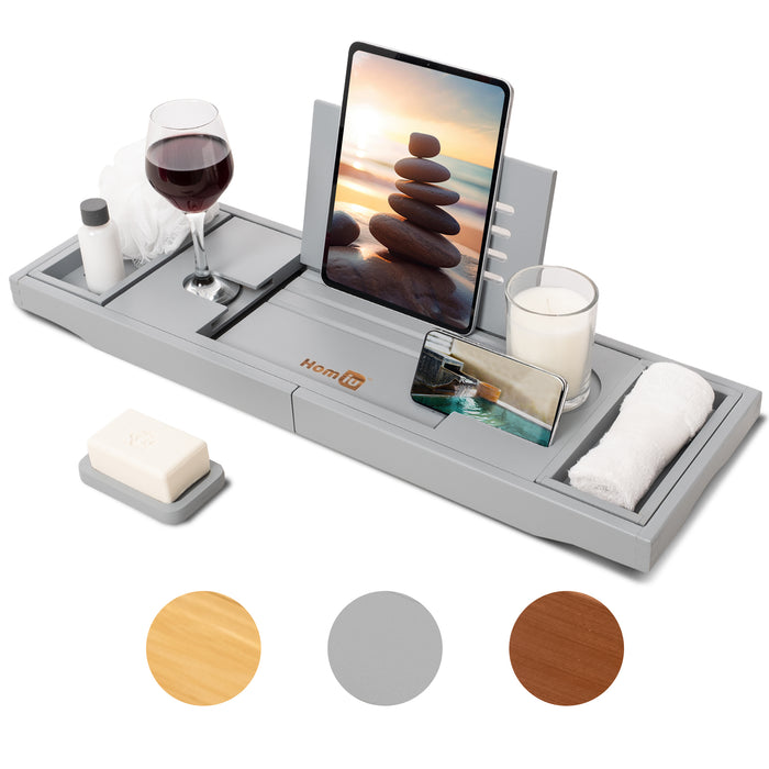 Homiu Bamboo Bath Tray – Extendable Caddy with Wine, Book & Phone Holder