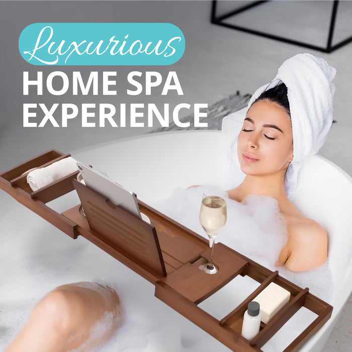 Homiu Bamboo Bath Tray – Extendable Caddy with Wine, Book & Tablet Holder (Brown)