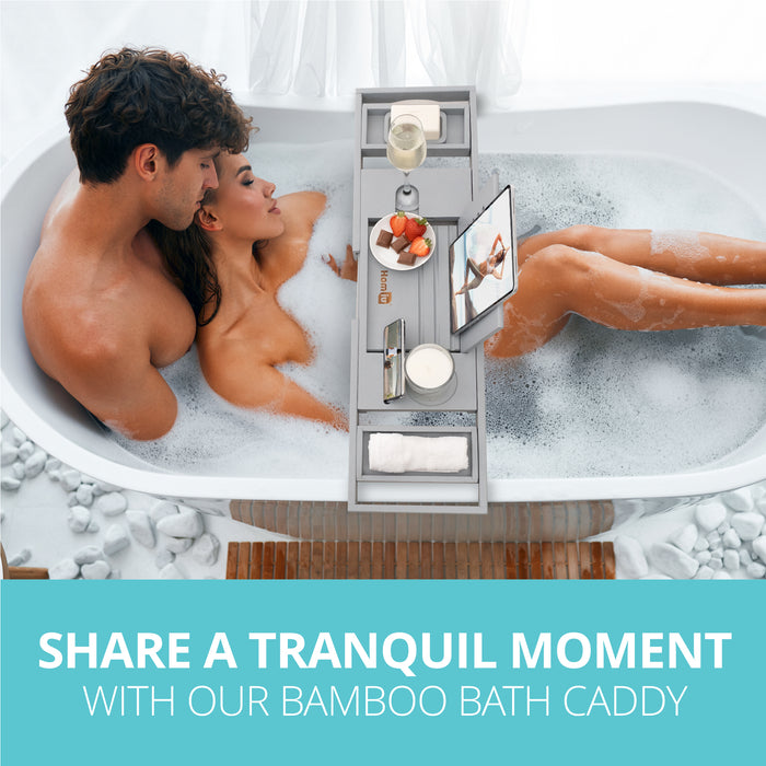 Homiu Bamboo Bath Tray – Extendable Caddy with Wine, Book & Phone Holder