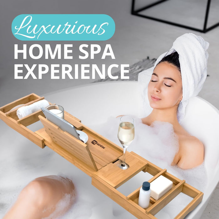 Homiu Bamboo Bath Caddy – Expandable Bathtub Tray with Book & Wine Holder