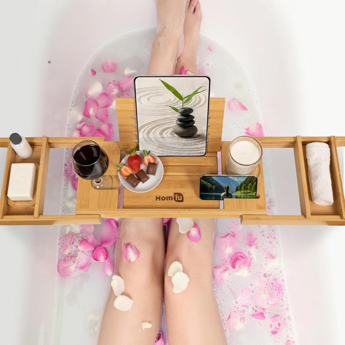 Homiu Bamboo Bath Caddy – Expandable Bathtub Tray with Book & Wine Holder