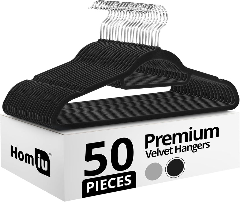 Homiu Velvet Clothes Hangers – 50 Pack, Non-Slip, Space-Saving Black