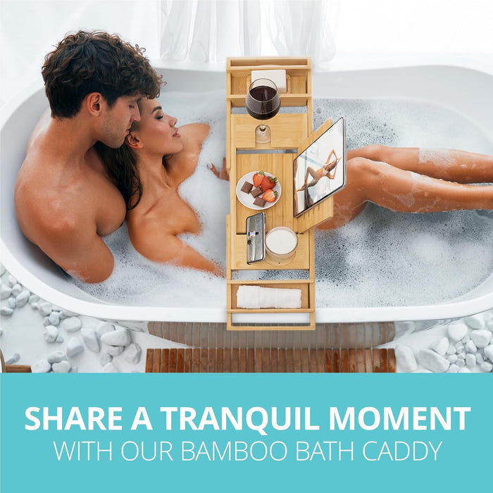 Homiu Bamboo Bath Caddy – Expandable Bathtub Tray with Book & Wine Holder