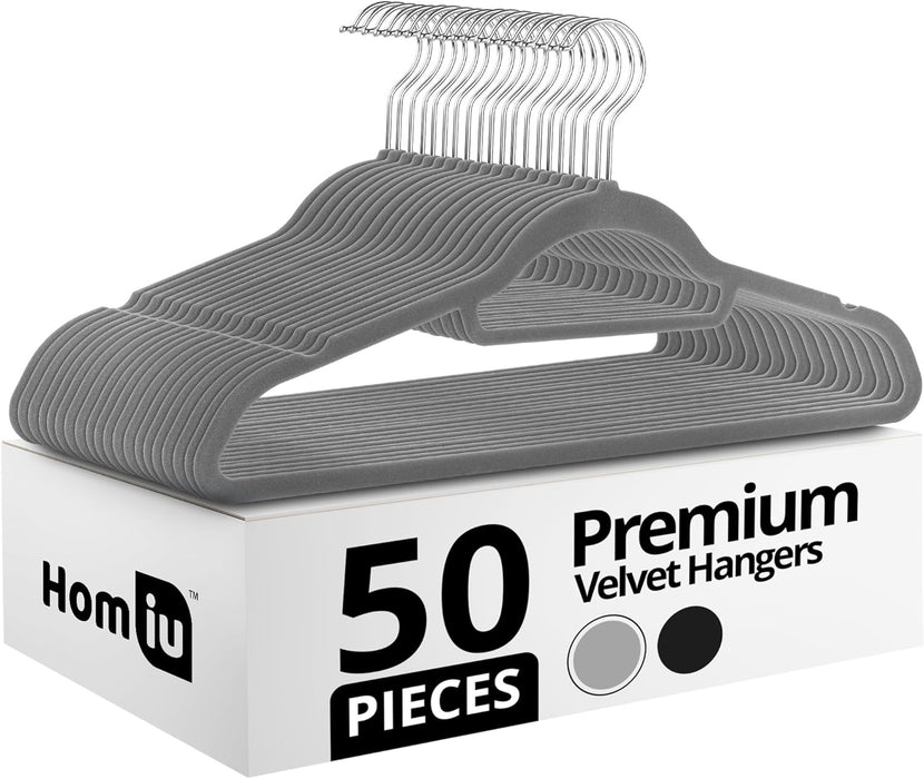 Homiu Velvet Clothes Hangers – 50 Pack, Grey