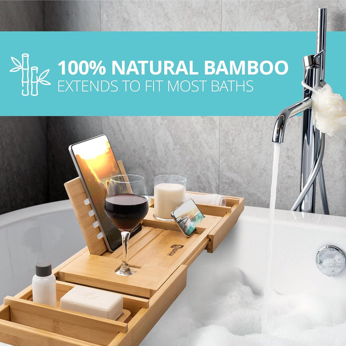 Homiu Bamboo Bath Caddy – Expandable Bathtub Tray with Book & Wine Holder