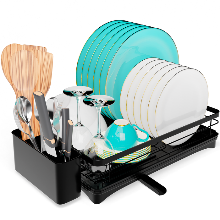 Homiu Single Dish Drainer Rack with 360° Swivel Drainage Spout – Black
