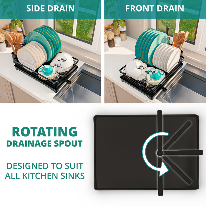 Homiu Single Dish Drainer Rack with 360° Swivel Drainage Spout – Black