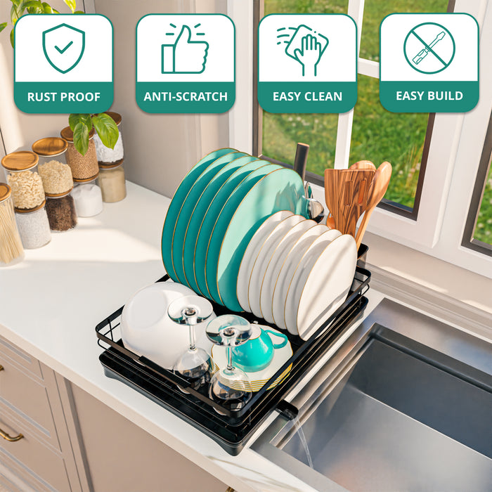 Homiu Single Dish Drainer Rack with 360° Swivel Drainage Spout – Black