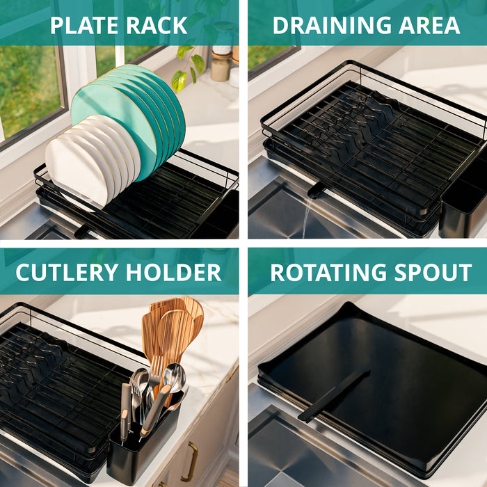Homiu Single Dish Drainer Rack with 360° Swivel Drainage Spout – Black