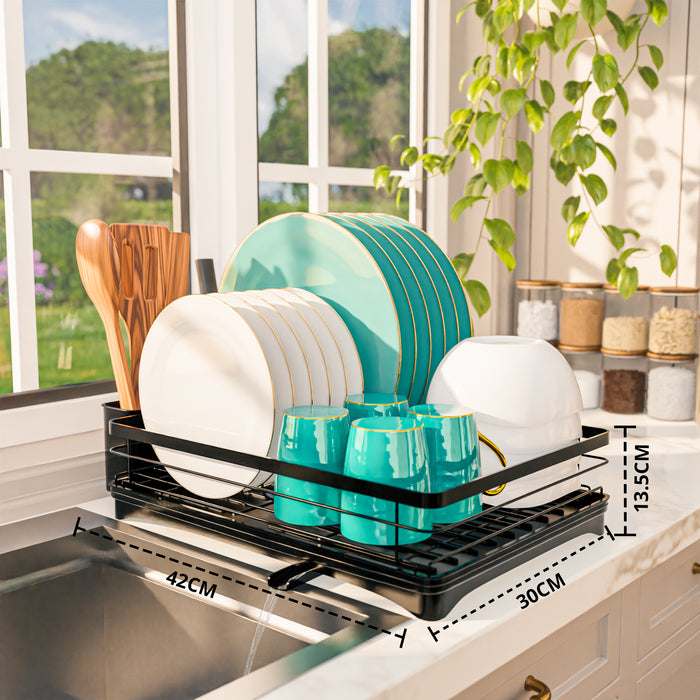 Homiu Single Dish Drainer Rack with 360° Swivel Drainage Spout – Black