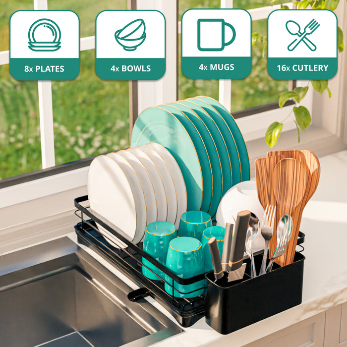 Homiu Single Dish Drainer Rack with 360° Swivel Drainage Spout – Black