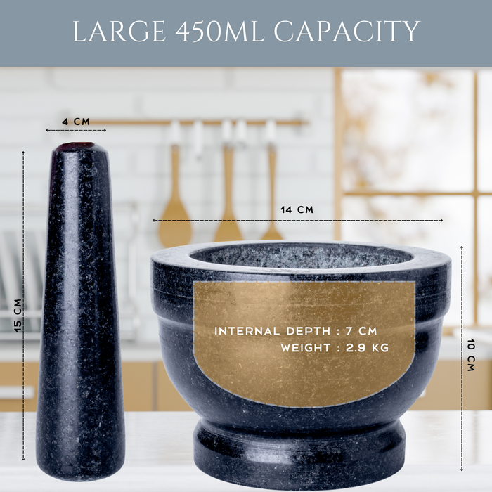 Homiu Granite Pestle and Mortar with Base – 14cm Polished Granite
