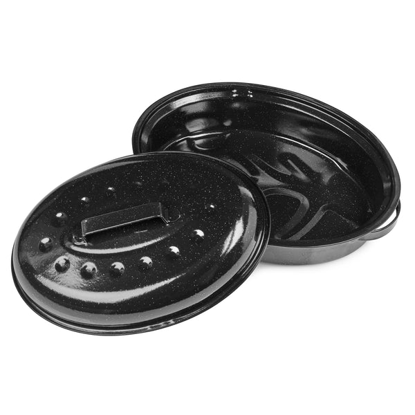 Homiu Self-Basting Baking and Roasting Dish with Lid Enamel Coated Carbon Steel, 36cm or 33cm ,Black