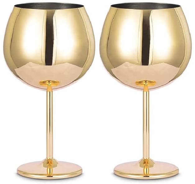 Homiu Stainless Steel Gin Glass 700ml, 2 Pack, Gold, Round Glasses Gift Set Shatterproof Goblet