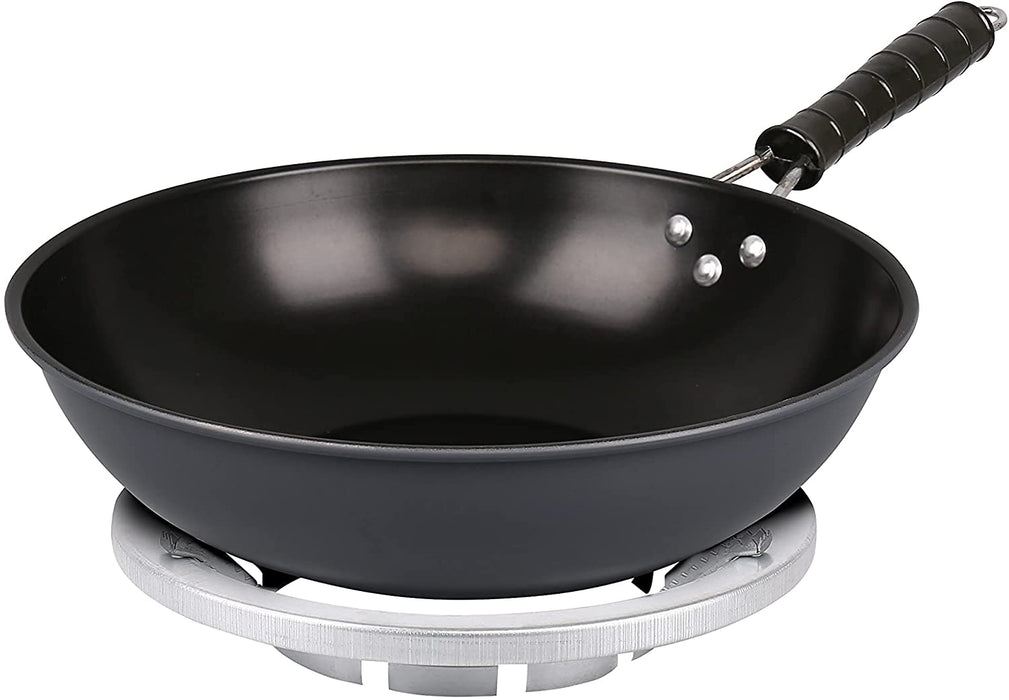 Homiu Non Stick Wok with Stand, 30cm Carbon Steel Wok Pan with Heat-Resistant Ribbed Handle