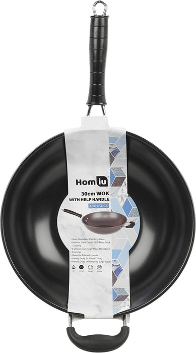 Homiu Wok Traditional 2-Handle Design Non-Stick Big Pan, Bakelite Handle and Carbon Steel Perfect for Stir Fry 30cm