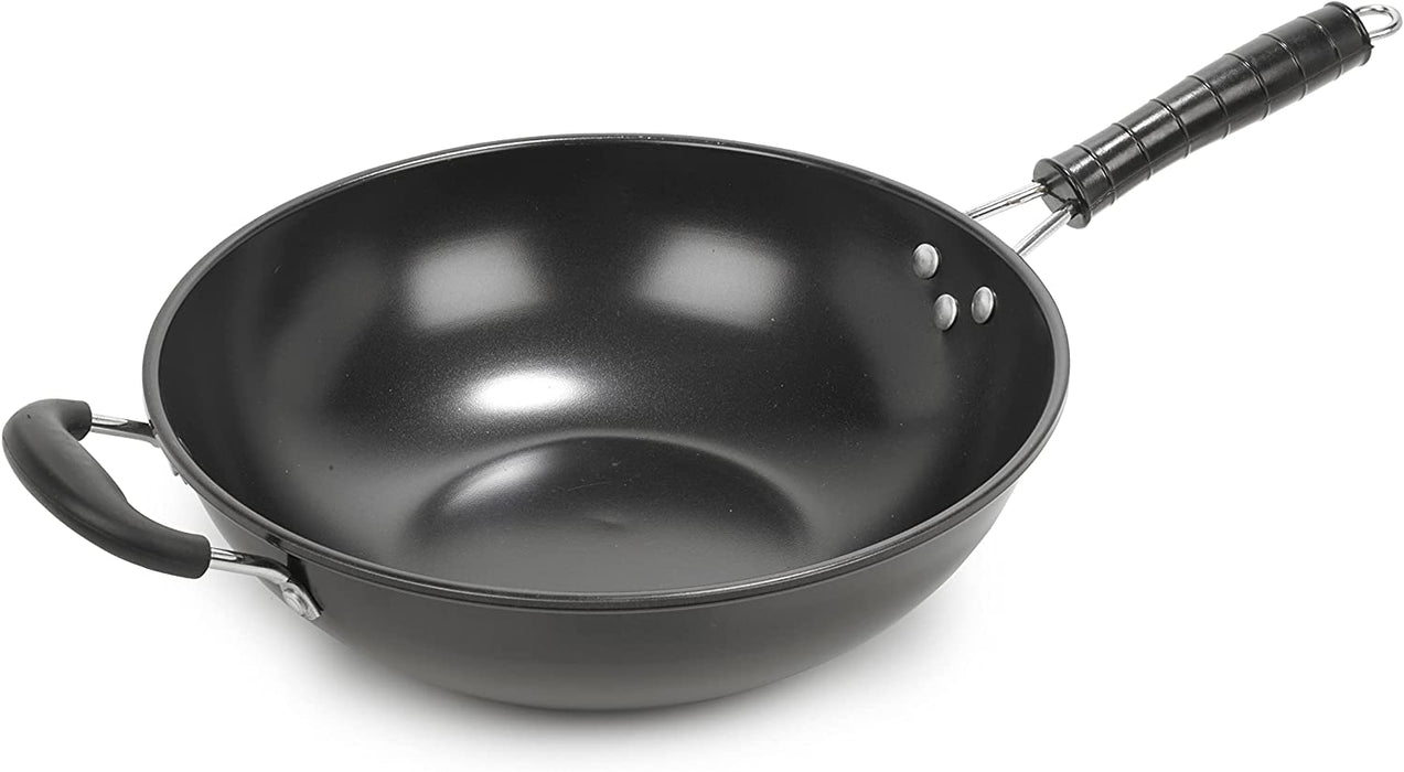 Homiu Wok Traditional 2-Handle Design Non-Stick Big Pan, Bakelite Handle and Carbon Steel Perfect for Stir Fry 30cm