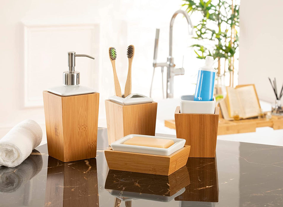 Homiu Bath Set 4 Piece Bamboo and Porcelain, Soap Dish, Toothbrush Holder, Tumbler, Liquid Soap/ Lotion Dispenser