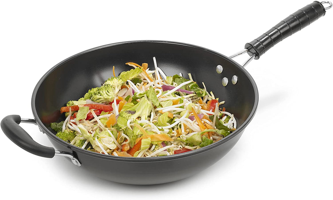 Homiu Wok Traditional 2-Handle Design Non-Stick Big Pan, Bakelite Handle and Carbon Steel Perfect for Stir Fry 30cm