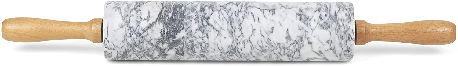 Homiu Marble Rolling Pin for Baking with Wooden Stand, Easy Clean, Hard-Wearing Speckle Finish, Non-Stick White