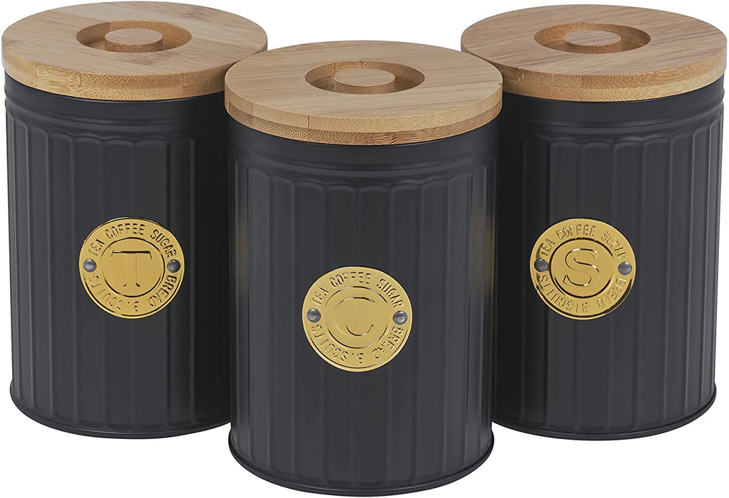 Homiu 3 Set Coffee Tea Sugar Canister Bamboo Lid Food Storage Gold Black Premium