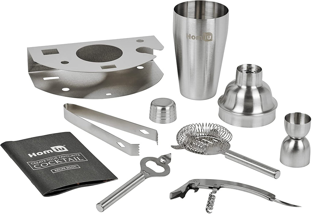 Homiu Deluxe Cocktail Stainless Steel Bar Gift 8 Piece Set with Elegant Table Stand