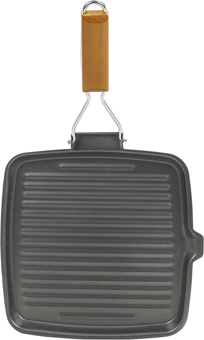 Homiu Griddle Pan Plate Carbon Steel with Non-Stick Ridge Surfaces, Frying Pans with Folding Handle for Stoves and Grills (Square)