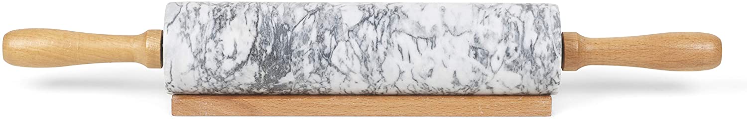 Homiu Marble Rolling Pin for Baking with Wooden Stand, Easy Clean, Hard-Wearing Speckle Finish, Non-Stick White