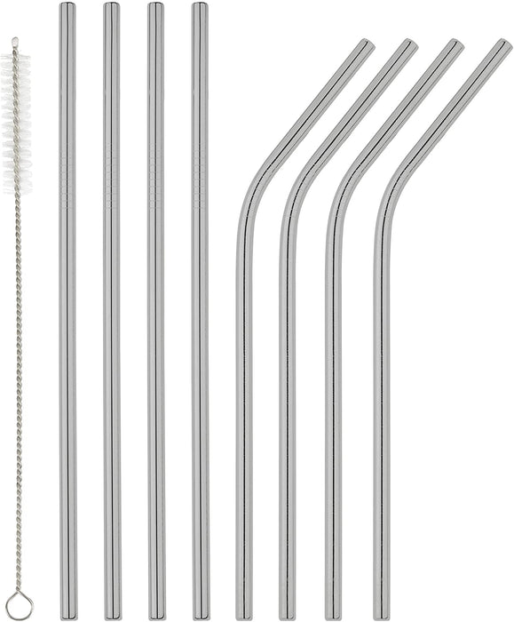 Homiu Stainless Steel Straws, Includes Cleaning Brush (Silver, 4 Bent + 4 Straight)
