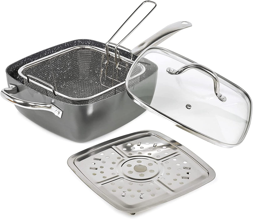 4 in 1 Non Stick Pot, Deep Multi-Use Pan with Fry Basket, Steamer Insert, Tempered Glass Lid