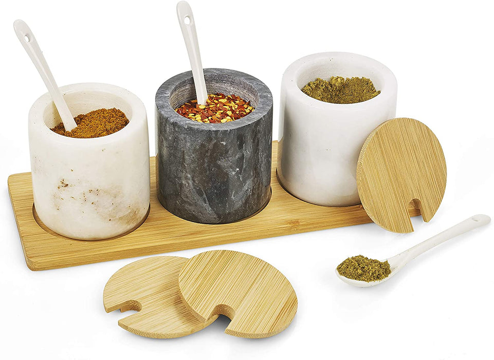 Homiu Spice Jar Set Round, 3 Pack Black and Two White Marble Pots with Bamboo Lids Holder and Ceramic Spoons