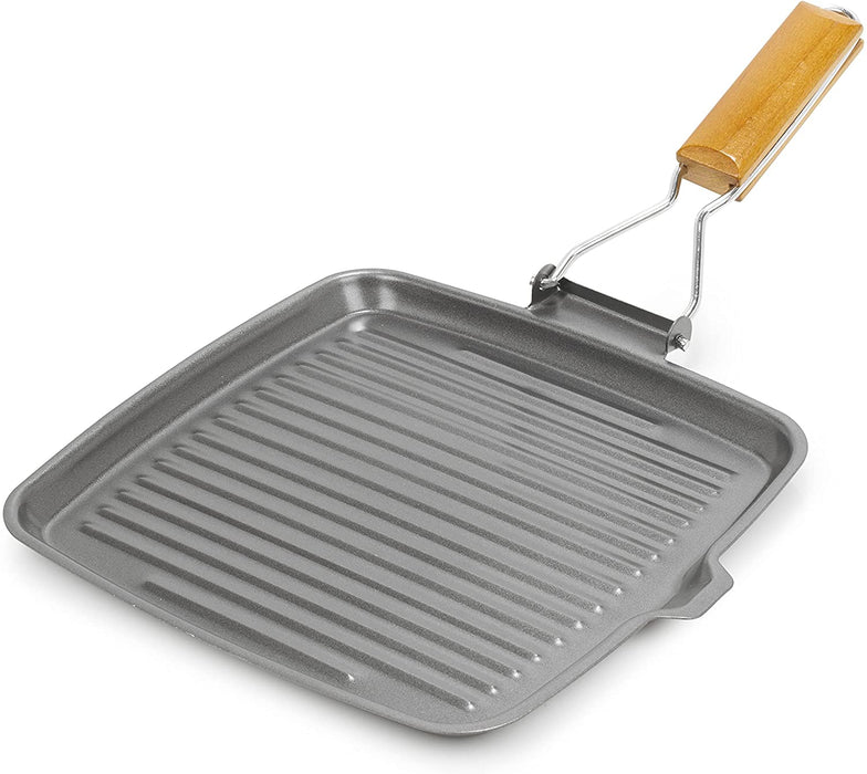 Homiu Griddle Pan Plate Carbon Steel with Non-Stick Ridge Surfaces, Frying Pans with Folding Handle for Stoves and Grills (Square)