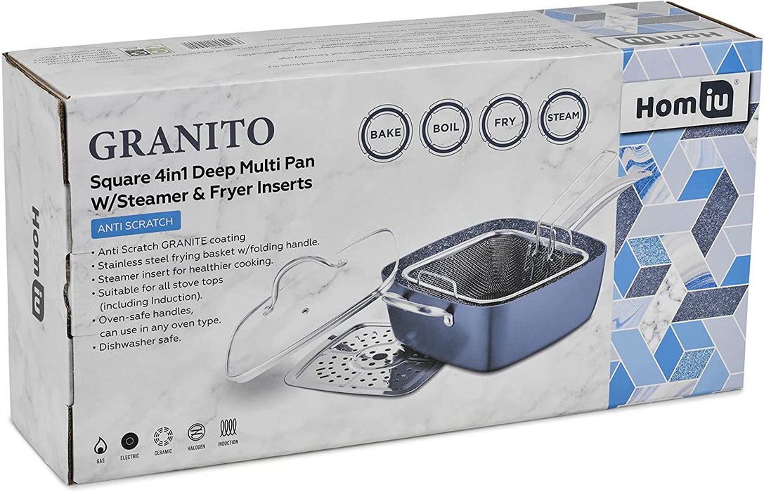 4 in 1 Non Stick Pot, Deep Multi-Use Pan with Fry Basket, Steamer Insert, Tempered Glass Lid